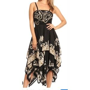 Sakkas Batik Smocked Bodice Handkerchief Hem Black Tan Dress One‎ Size